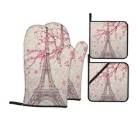 Eiffel Tower Printed Heat Resistant Oven Mitts and Pot Holder Set 4 PCS Kitchen Baking for Home Cooks and Bakers