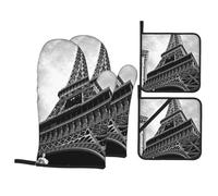 Eiffel Tower Printed Oven Gloves Heat Resistant, Non Slip oven mitts Potholder with Hanging Loop for Kitchen Grilling, Baking, Bbq (4 Pcs)