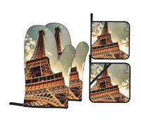 Eiffel Tower Printed Oven Gloves Heat Resistant, Non Slip oven mitts Potholder with Hanging Loop for Kitchen Grilling, Baking, Bbq (4 Pcs)