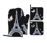 Eiffel Tower Printed Oven Gloves Heat Resistant, Non Slip oven mitts Potholder with Hanging Loop for Kitchen Grilling, Baking, Bbq (4 Pcs)