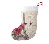 Eiffel Tower Rose Flower Christmas Stocking 17.7", Festive Hanging Sock for Fireplace Mantel, Holiday Decorations