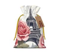 Eiffel Tower Rose Flower print Drawstring Gift Bag for Wedding Party Birthday Unique Present Bag Reusable Canvas Bag,1 Piece S
