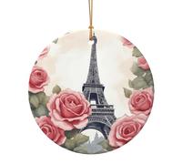Eiffel Tower Rose Flower Print Round Flat Hanging Ornaments for Christmas Winter New Year Party Hanging Decorations