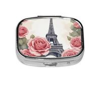 Eiffel Tower Rose Flower Print Square Metal Pill Box Decorative Pill Case - Carry Your Meds in Style (Rectangular)