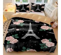 Eiffel Tower & Rose Print Duvet Cover Vintage Paris Themed Bedding with Romantic Floral Design - Soft Microfiber Quilt Cover for Bedroom Decor (style2,Single135x200cm+65x65cm*2)