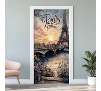 Eiffel Tower Seine River Paris Door Mural, Arch Bridge Murals Stickers 90x200 cm, French Romance 3D Door Stickers Vinyl Self-Adhesive Peel and Stick Bedroom Living Room Door Decoration W8w63