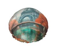 Eiffel Tower Shower Cap for Women Men Large Waterproof Shower Bonnet Elastic Band Bathing Hair Hat Spa Salon Caps Double Layered Reusable Bath Caps for Long Hair, Braids
