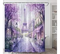 Eiffel Tower Shower Curtain Romantic Valentine's Day Watercolor Purple Lavender Floral Paris Street Coffee French City European Architecture Landscape Polyester Fabric Bathroom Curtain with Hooks