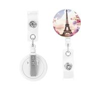 Eiffel Tower Spring Flowers Badge Reels Retractable Badge Holder with Alligator Clip Cute Nurse Badge Reel Name Decor Badge Clip ID Card Holders for Office Worker Doctor Nurse
