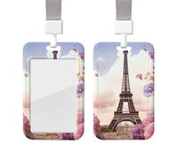 Eiffel Tower Spring Flowers ID Badge Holder with Lanyard ID Card Holders Cute Nurse Name Tag Vertical Credit Cards Holder Sliding Card Case Protector Pouch for Office Doctor Nurse Worker