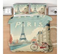 Eiffel Tower Super King Duvet Cover Set, Red Bike Soft Microfiber Bedding with Pillow Cases, Retro Paris Quilt Cover Easy Care, Urban Architecture Duvet Cover with Zipper, 260x220cm X235M