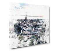 Eiffel Tower & the Paris Skyline Watercolour Modern Canvas Wall Art Print Ready to Hang, Framed Picture for Living Room Bedroom Home Office Décor, 20x20 Inch (50x50 cm)