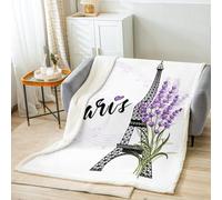 Eiffel Tower Throws Blanket,Purple Lavender Flowers Print Sherpa Blanket for Girls Teens Gift, Romantic Paris City Floral Lightweight Polyester Sherpa Blanket for Sofa, Throw Size (50 x 60 Inches)