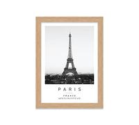 Eiffel Tower Travel Print Paris Wall art Black and white Poster A5 Print in Oak Effect frame 20 X 24.5cm (7x9.6inch)
