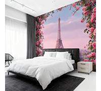Eiffel Tower Wallpaper, Pink Rose Romantic Paris Wall Mural for Living Room, Bedroom, Non-Woven Wall Papaer Decoration, Photo Wallpaper & Home Decor, 200x140 cm (WxH) K-MZ&6
