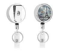 Eiffel Tower Winter Rainy Badge Reel Retractable Stainless Steel Badge Clip with Lanyard Cute Badges Reel Holder Heavy-Duty Nurse Doctor Name Tag Badges Clip for Work