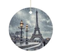 Eiffel Tower Winter Rainy Double-Sided Ceramic Christmas Ornaments - Round Hanging Mini Xmas Tree Decorations, Ideas for Farmers, Rustic Home Decor for Indoor Outdoor Tree Decor