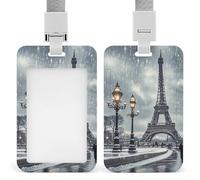 Eiffel Tower Winter Rainy Retractable ID Badge Holder with Lanyard - Vertical Badge Reel,Keychain Clip,Name Tag Id Card Holder Protector for Nurse Officer Teacher Security Staff Women Men