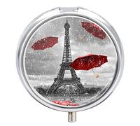 Eiffel Tower with Flying Red Umbrellas Raining Day in Grey Style Iron Pill Box Case Organizer with Internal Separate Plastic Dividers, Travel Small Medicine Bag Holder Carrier Round Container