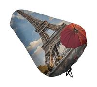 Eiffel Tower with Red Umbrella Bike Seat Cover Waterproof Oxford Fabric, Universal Adjustable Bicycle Saddle Cover with Drawstring Easy Install Protective Rain Dust Covers for Women Men