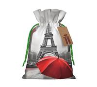 Eiffel Tower With Red Umbrella Christmas Drawstring Gift Bags Reusable Christmas Wrapping Bag W/Tags 8.3x11.8 Inch Xmas Treat Pouch Goody Bags Candy Treat Bag For Xmas Holiday Presents Party Favor