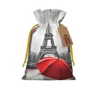 Eiffel Tower With Red Umbrella Christmas Drawstring Gift Bags Reusable Christmas Wrapping Bag W/Tags 8.3x11.8 Inch Xmas Treat Pouch Goody Bags Candy Treat Bag For Xmas Holiday Presents Party Favor