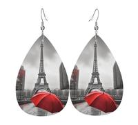 Eiffel Tower with Red Umbrella Earrings for Women Faux Leather Earring Teardrop Dangle Earrings Lightweight Jewelry Gift