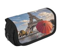 Eiffel Tower with Red Umbrella Pencil Case Organizer - Large Capacity 3 Compartment Pencil Pouch for Adults, Portable Makeup Bag & Aesthetic Stationery Bag with Zipper (8.7x4.3") Unisex Gift