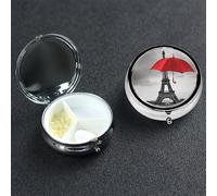 Eiffel Tower with Red Umbrella Pill Box 3 Compartment Round Metal Pill Case for Purse & Pocket, Portable Medicine Organizer Travel Pillbox Daily Pill Container Holder to Hold Vitamins, Fish Oil