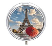 Eiffel Tower with Red Umbrella Pill Box - 3 Compartment Travel Pill Organizer with Small Mirror, Portable Pillcase for Pocket & Purse, Cute Round Medicine Case, Weekly Medicine Container