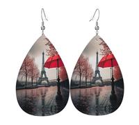 Eiffel Tower with Red Umbrella Print Leather Earrings - Dangle Drop Earrings, Lightweight Teardrop Jewelry, Costume Party Pendants