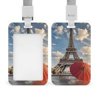 Eiffel Tower with Red Umbrella Retractable ID Badge Holder with Lanyard - Vertical Badge Reel,Keychain Clip,Name Tag Id Card Holder Protector for Nurse Officer Teacher Security Staff Women Men