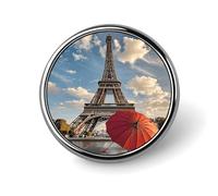 Eiffel Tower with Red Umbrella Round Badge for Men Women, Durable & Stylish Lapel Pins, Lightweight Metal Badges for Shirts, Jackets, Hats