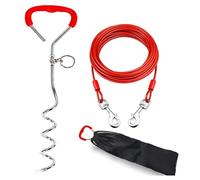 Eighosee Dog Tie Out Cable and Stake Red Steel+PVC 16 Ft Outside Dog Leash Cable Chain for Dogs Up to 125 Lbs