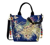 Eighosee Shiny Sequins Embroidered Ladies Canvas Tote Bag Shopping Shoulder Bag Retro Beaded String Tote Bag Blue