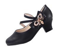 EIGHT KM Girls High Heel Dress Shoes Mary Jane Princess Wedding Party Pump Shoes EKM7035 Microfiber Leather Athena Metallic Bow Black UK Little Kid Size 11