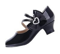 EIGHT KM Girls High Heel Dress Shoes Mary Jane Wedding Party Pump Princess Shoes EKM7035 Patent Leather Heart Pearl Bow Black UK Big Kid Size 3