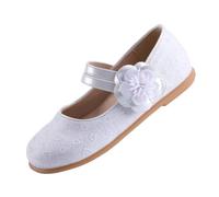 EIGHT KM Toddler Girls Dress Shoes Mary Jane Princess Wedding Ballet Flats Shoes EKM7063 Sparkly Glitter Flower Camellia Heart White UK Size 4