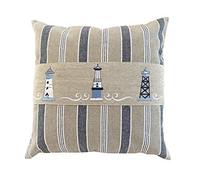Eight Owls Nautical Pillow Cover -- Cotton Decorative Embroidered Design - Natural, Navy Blue and White - Size 40cm X 40cm (16”x16”) (Lighthouse)