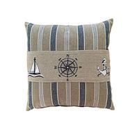 Eight Owls Nautical Pillow Cover -- Cotton Decorative Embroidered Design - Natural, Navy Blue and White - Size 40cm X 40cm (16”x16”) (Sailing)