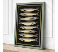 Eight Silver Fish Japandi Canvas Wall Art Print 36x24 Inch (91 x 61 cm)