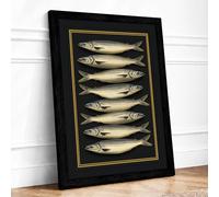 Eight Silver Fish Japandi Framed Wall Art Print A2 (59.4×42cm) Black, Wall Decor for Living Room, Bedroom, Office & Home, Ready to Hang, Art Gift