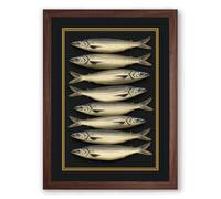 Eight Silver Fish Japandi Framed Wall Art Print A3 (42×29.7cm) Walnut, Wall Decor for Living Room, Bedroom, Office & Home, Ready to Hang, Art Gift