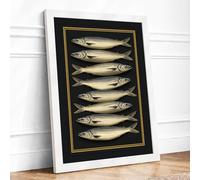 Eight Silver Fish Japandi Framed Wall Art Print A3 (42×29.7cm) White, Wall Decor for Living Room, Bedroom, Office & Home, Ready to Hang, Art Gift