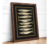 Eight Silver Fish Japandi Framed Wall Art Print A4 (29.7×21cm) Walnut, Wall Decor for Living Room, Bedroom, Office & Home, Ready to Hang, Art Gift