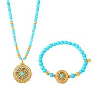 Eight Treasure Compass Jewelry Set, Gold Tone Pendant Necklace | Turquoise Beads, Cubic Zirconia