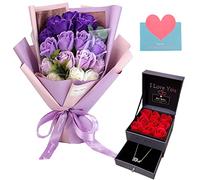 EIGHTOWN Roses Bouquet Fake Artificial Flower - Preserved Red Flowers with Love Necklace for Her - Unique Gifts Valentine's Day, Mother's Day, Thanksgiving, Birthday, Anniversary