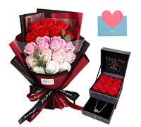 EIGHTOWN Roses Bouquet Fake Artificial Flower - Preserved Red Flowers with Love Necklace for Her - Unique Gifts Valentine's Day, Mother's Day, Thanksgiving, Birthday, Anniversary…