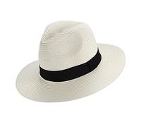 EightSpace Sun Hat Panama Foldable Wide Brim Floppy Straw Hat, Hand Woven Beach Cap Sun Hat with Black Band Summer Fedora Trilby Straw Hat (White)
