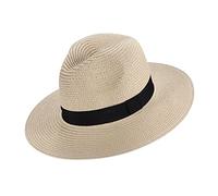 EightSpace Sun Hat Panama Foldable Wide Brim Floppy Straw Hat, Hand Woven Beach Cap Sun Hat with Black Band Summer Fedora Trilby Straw Hat (Beige)